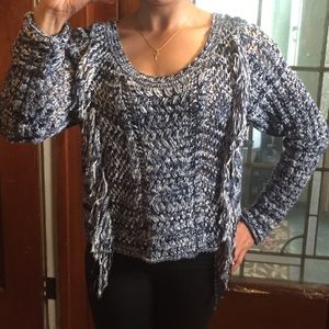 Vintage Guess Blue & White Knit Sweater w Fringe